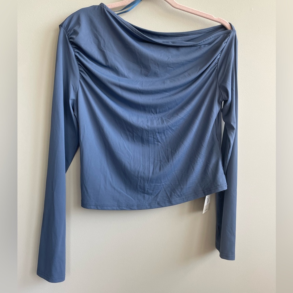 HALARA Slate Blue One-Shoulder Long Sleeve Draped Top